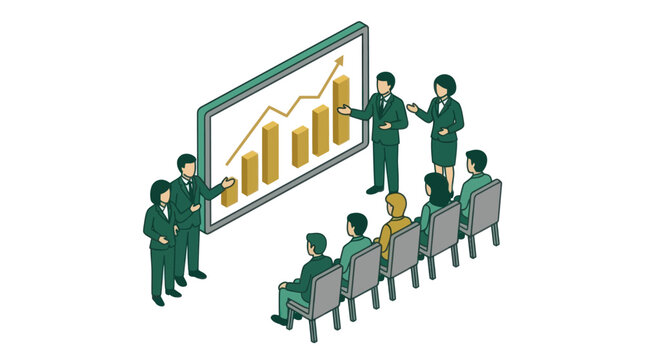 Isometric business presentation showing growth charts to a professional audience