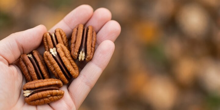 Hand holding freshly harvested shelled pecan nuts close up view, representing autumn harvest and organic food concepts