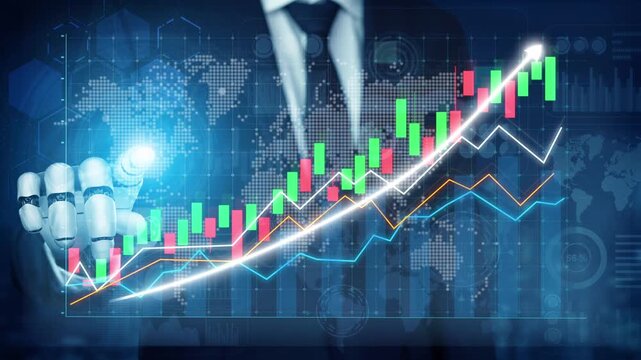 A businessman with a robotic hand interacts with a digital screen displaying financial data trends, representing the fusion of technology and market analysis in modern corporate environments. Copula