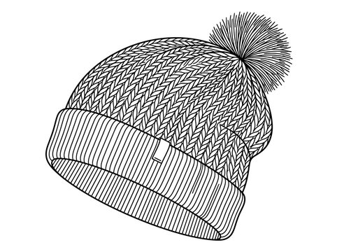 Black and white line art illustration of a knitted winter beanie hat with a pompom.