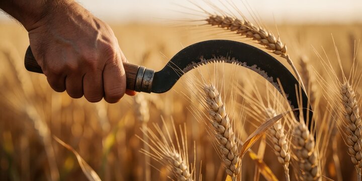 Farmer harvesting wheat with a sickle in a golden field, manual agriculture concept