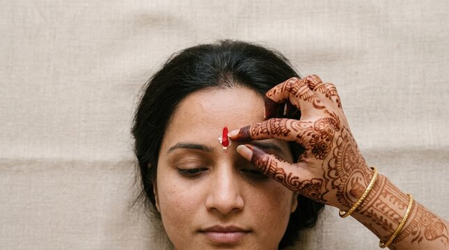 Indian woman receiving a traditional bindi marking on her forehead during a cultural ceremony