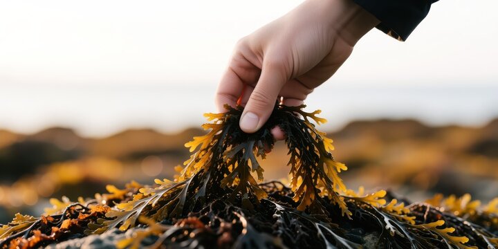 Person holding fresh brown seaweed on a rocky shore representing sustainable coastal foraging and marine plant harvesting