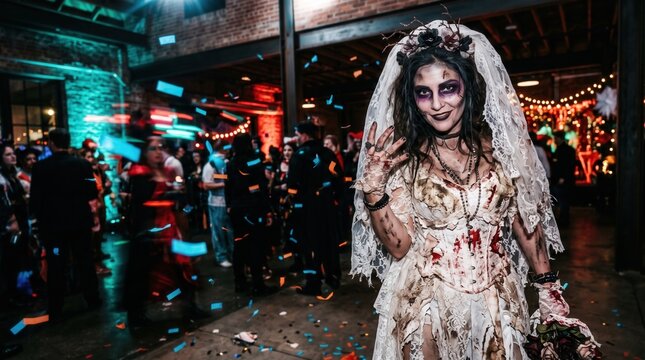 Woman in Zombie Bride Costume with Tattered Wedding Dress and Veil Posing at Nightclub Halloween Party for Spooky Event Promotion
