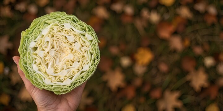 Cross section of a fresh green cabbage held in a hand over autumn leaves representing healthy eating and agriculture