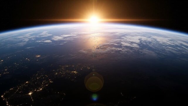 Sunrise over Earth from Space with City Lights Visible