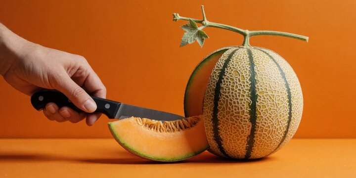 Hand cutting a fresh ripe cantaloupe melon with a slice removed on a vibrant orange background representing healthy eating and preparation