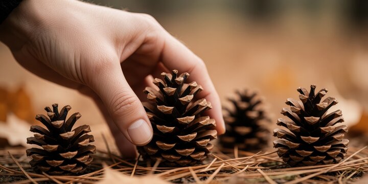 A hand picking up a pine cone from the forest ground surrounded by fallen pinecones during autumn season
