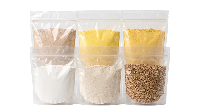 Clear plastic stand-up pouches with dry food ingredients. Transparent zip lock bags for flour and grains. Flexible food packaging set. isolated PNG with Transparent Background