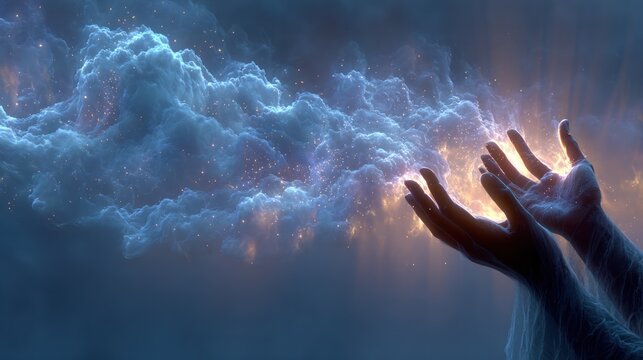 Hands reaching for clouds.
