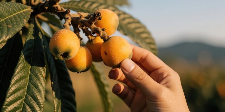 Harvesting fresh loquat fruits from the tree in an orchard, representing organic farming, agriculture, and healthy lifestyle choices for food production concepts.