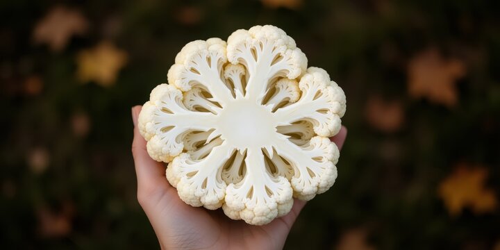 Cross section of a fresh raw cauliflower head held in a hand showing fractal pattern and geometry for healthy diet and botany concepts