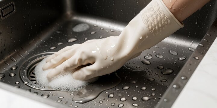 Person wearing rubber glove cleaning kitchen sink with soapy water and sponge, household chores and hygiene concept