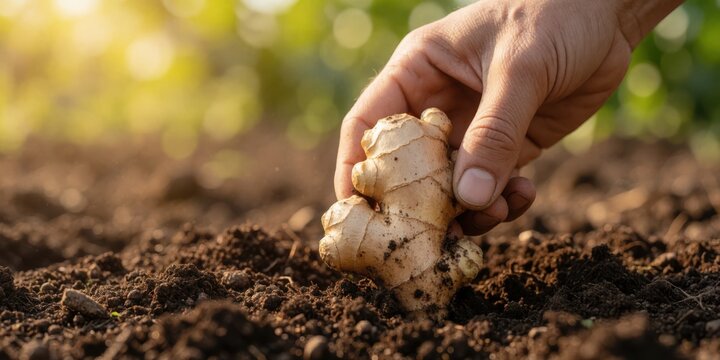 Farmer harvesting fresh organic ginger root from fertile soil in an agricultural field representing sustainable farming and healthy food production