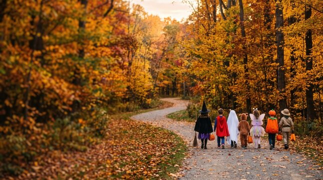 Cinematic 3D illustration of children in diverse Halloween costumes walking down a winding forest path during autumn for trick or treat marketing
