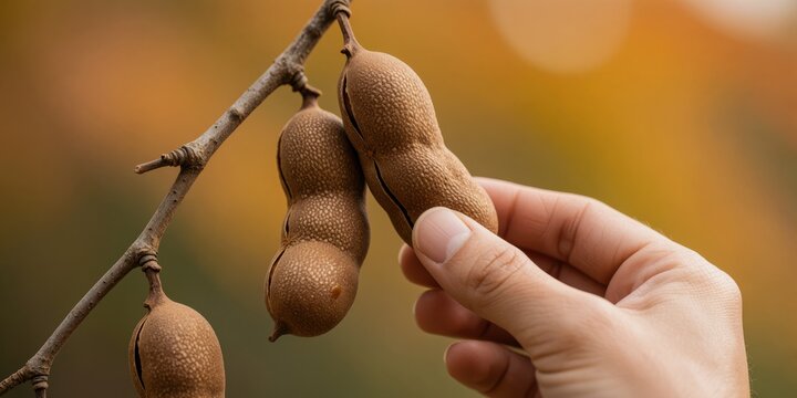 Fresh tamarind pods growing on a branch being held by a hand representing natural harvesting and organic agriculture
