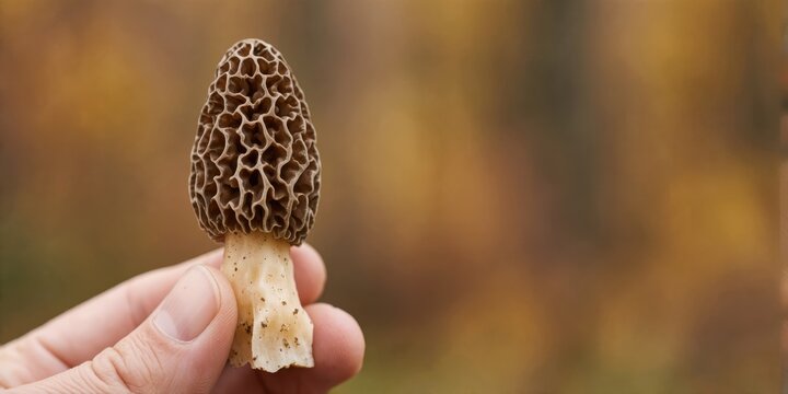 Fresh wild morel mushroom held in a hand for foraging and gourmet cooking concepts