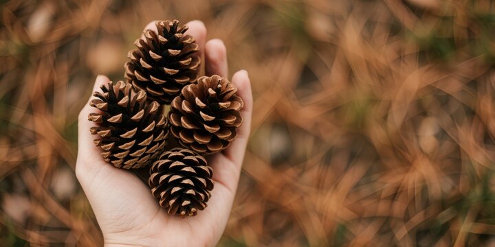 Close up of a hand holding several pine cones outdoors with fallen pine needles in the autumn forest background