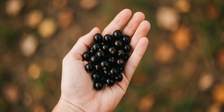 A person holding a handful of freshly harvested blackcurrant berries representing organic farming, healthy nutrition, and autumn harvest themes