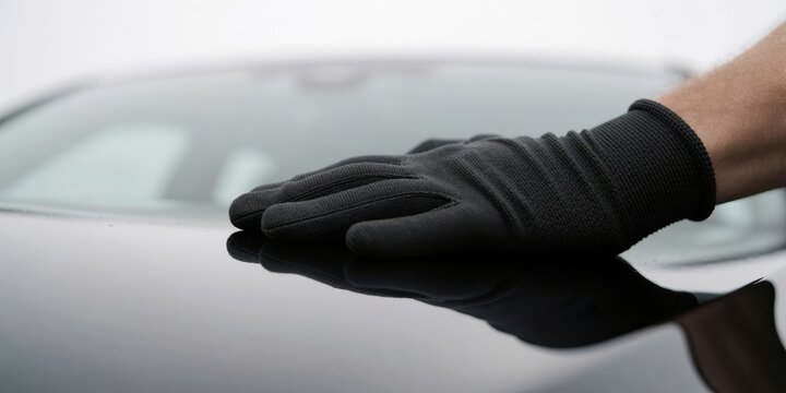 A male hand wearing a black protective glove touching a sleek car body, representing automotive inspection, detailing, and maintenance concepts