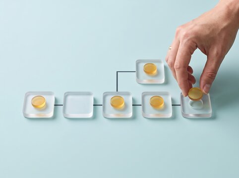 Hand placing token on translucent glass flowchart diagram