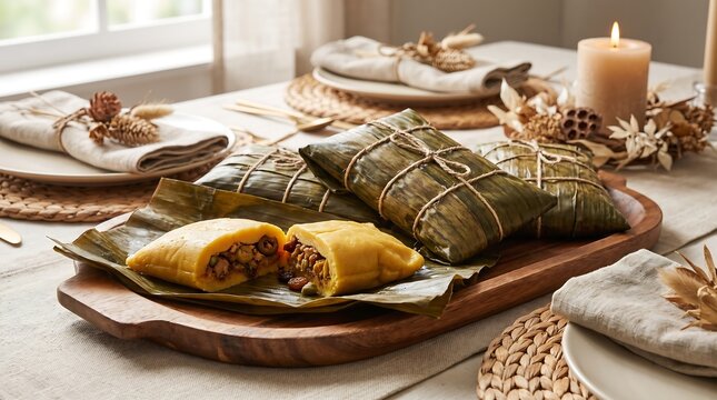 Traditional Venezuelan Hallacas wrapped in banana leaves on a festive holiday table setting