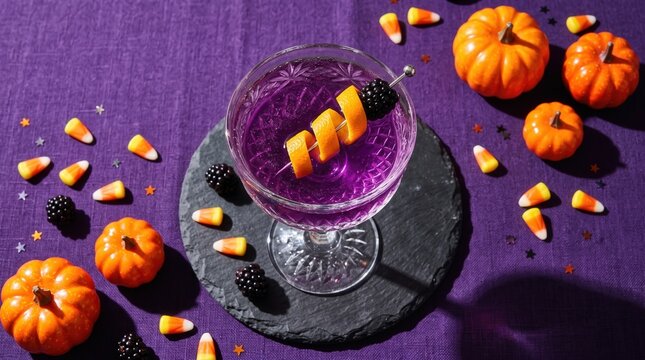Purple Halloween Cocktail Drink with Orange Twist and Blackberry Garnish on Stone Coaster with Candy Corn and Pumpkins for Autumn Holiday Menu