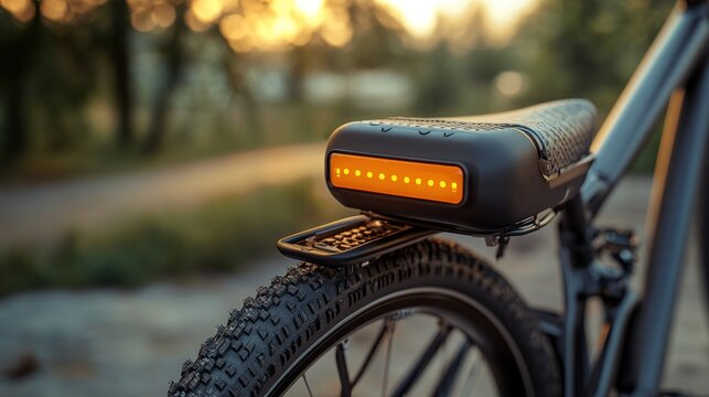 Bicycle seat featuring an integrated glowing orange led rear tail light mounted on a metallic frame captured during a warm golden hour sunset outdoor setting