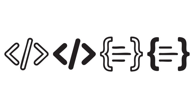 Programming code symbols and brackets for software development icons.