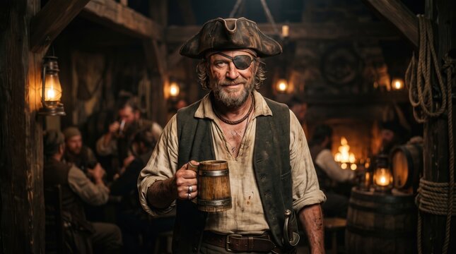 Bearded pirate captain holding wooden tankard in a rustic tavern for historical fiction book covers and fantasy roleplaying games
