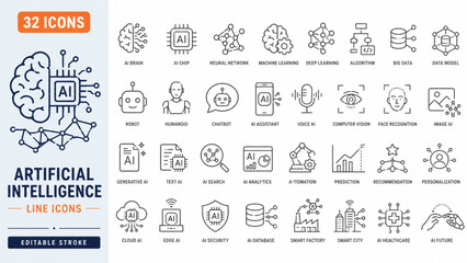 Comprehensive collection of modern line icons representing artificial intelligence, machine learning, and advanced data technology concepts © Catherin