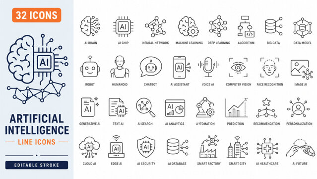 Comprehensive collection of modern line icons representing artificial intelligence, machine learning, and advanced data technology concepts