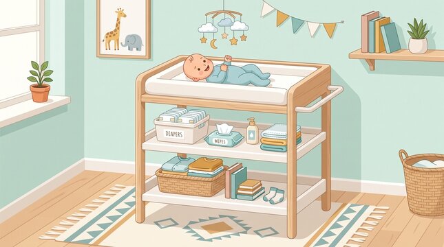 Cute baby lying on a wooden changing table in a nursery room