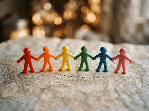 Colorful toy figures holding hands representing unity and diversity on a map
