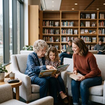 Multigenerational family reading a book together in library armchairs near large with family lifestyle modern library public library reading sessio