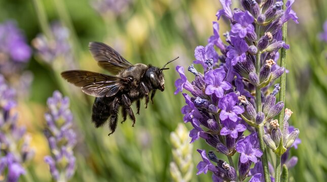 Black carpenter bee flying near lavender flowers