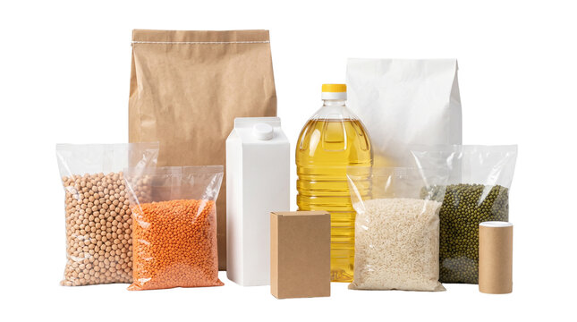Sustainable food packaging collection, assorted dry grocery products in paper bags and plastic pouches, pantry staples set isolated PNG with Transparent Background