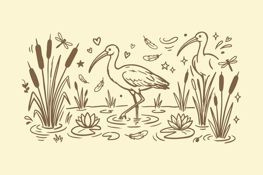 Two ibis birds standing in a marsh with cattail plants and water lilies in a vintage line art style Vector, illustration