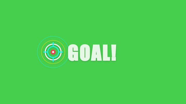 Goal text with animated target bullseye icon motion graphic for business strategy and achievement presentation template background bold white beside an against a green background, symbolizing