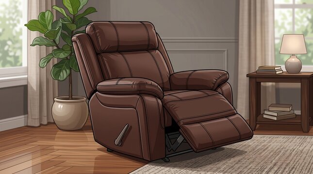Brown leather recliner chair in a cozy living room interior