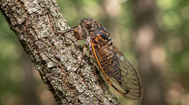 Cicada insect resting on a tree trunk