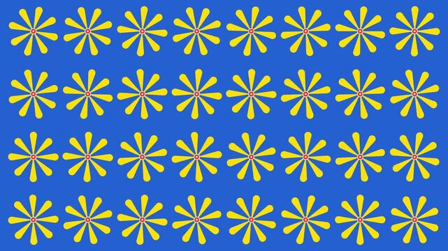 Colorful 4K animated geometric flower pattern featuring rotating gold eight-petal shapes with red and white circular centers on a vivid blue background. Ideal for decorative backgrounds and textiles.