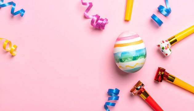 Easter celebration on pink background, featuring a decorated egg, party horns, and colorful ribbons scattered