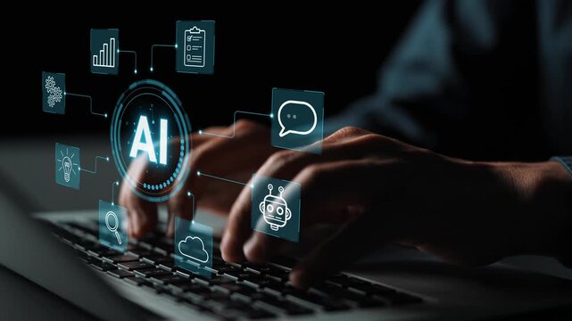 Hands Typing on Laptop Keyboard with AI Concept Illustrations and Digital Icons Representing Technology and Communication Innovations. Entropy.