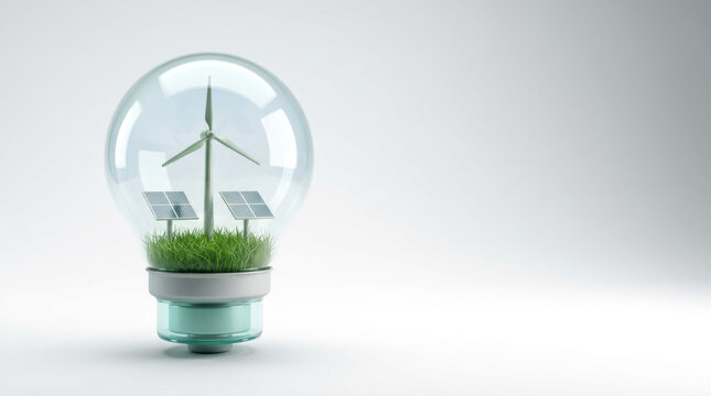 Wind turbine and solar panels inside a glass light bulb on a white background, representing clean energy innovation and sustainable power