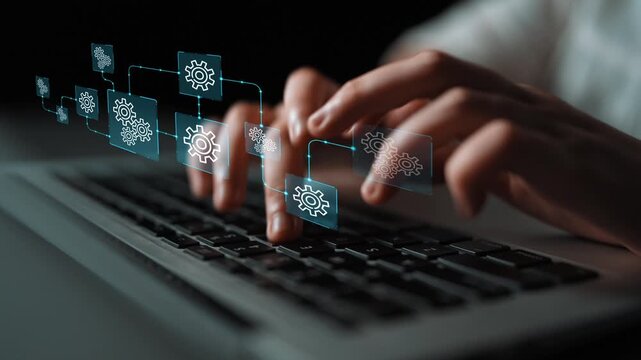 Hands Typing on a Laptop Keyboard with Overlay of Digital Gears Representing Technology and Innovation in a Modern Workspace Setting. Entropy.