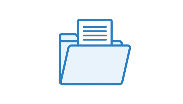Flat line icon of an open blue office folder containing a document with text lines on a clean white background.
