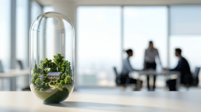 Miniature eco house with solar roof and trees inside a glass capsule on an office table with a blurred business meeting behind