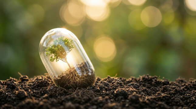 Tree growing inside a glass capsule on dark soil with warm sunlight, symbolizing environmental protection, ecology and reforestation