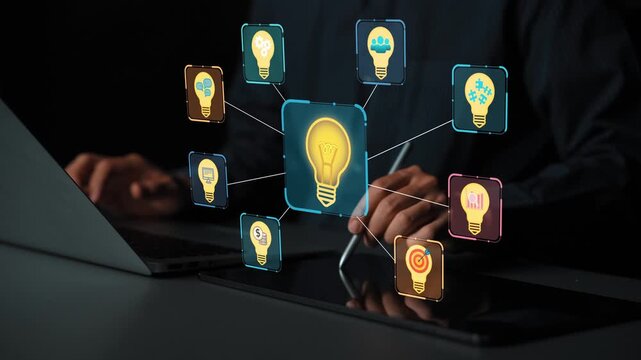Business Concept showcasing innovative ideas using graphic lightbulbs and technology for creative solutions in a digital workspace setting. Entropy.